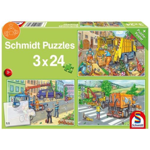 Müllwagen, Abschleppauto und Kehrmaschine, 3x24 db (56357) - Puzzle - Kirakó